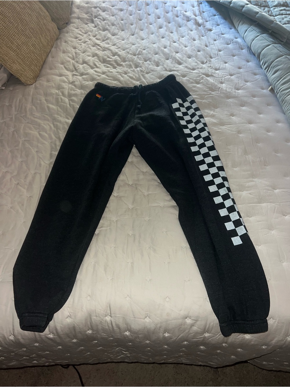 Aviator Nation Black Hoodie & Sweatpants Set with White Checkerboard Size Medium - Picture 3 of 7